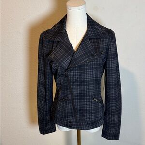 Liverpool Plaid Asymmetrical Zip Jacket in Black and Gray